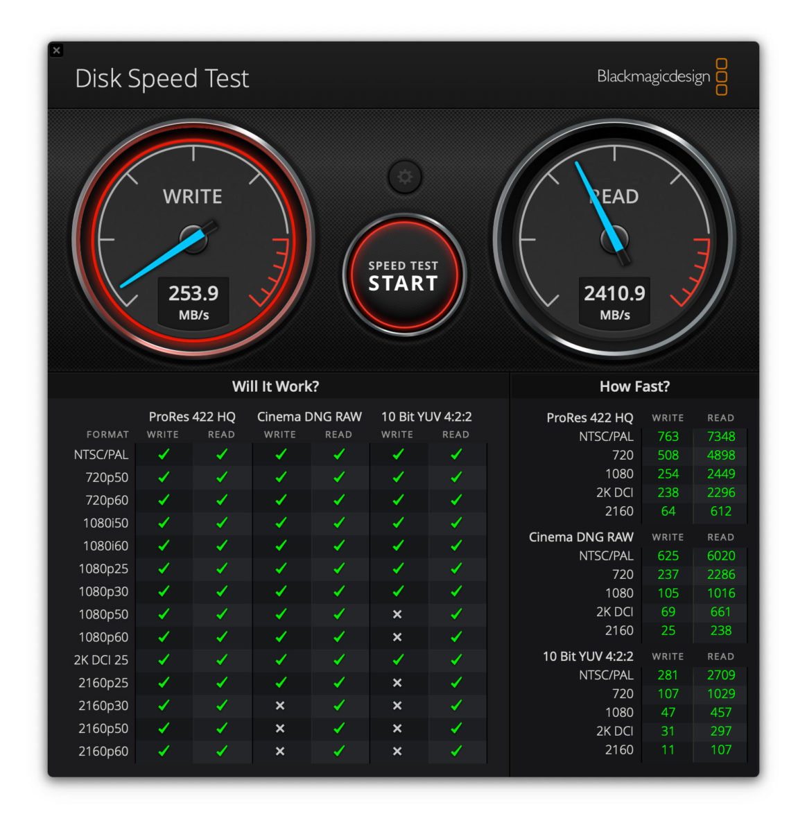 Il test con l'utility DiskSpeedtest su un MacBook Pro 13" 2017 senza digitare il comando che rallenta l'unità SSD