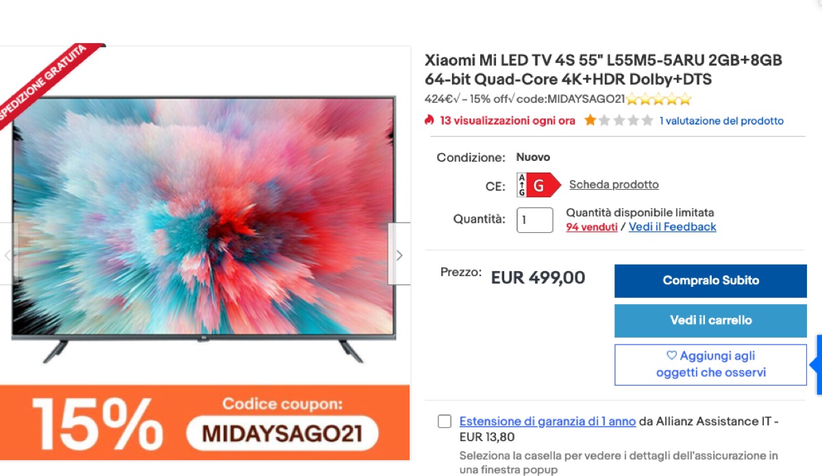 Affrettatevi, Xiaomi TV 55 pollici a solo 449 euro su eBay