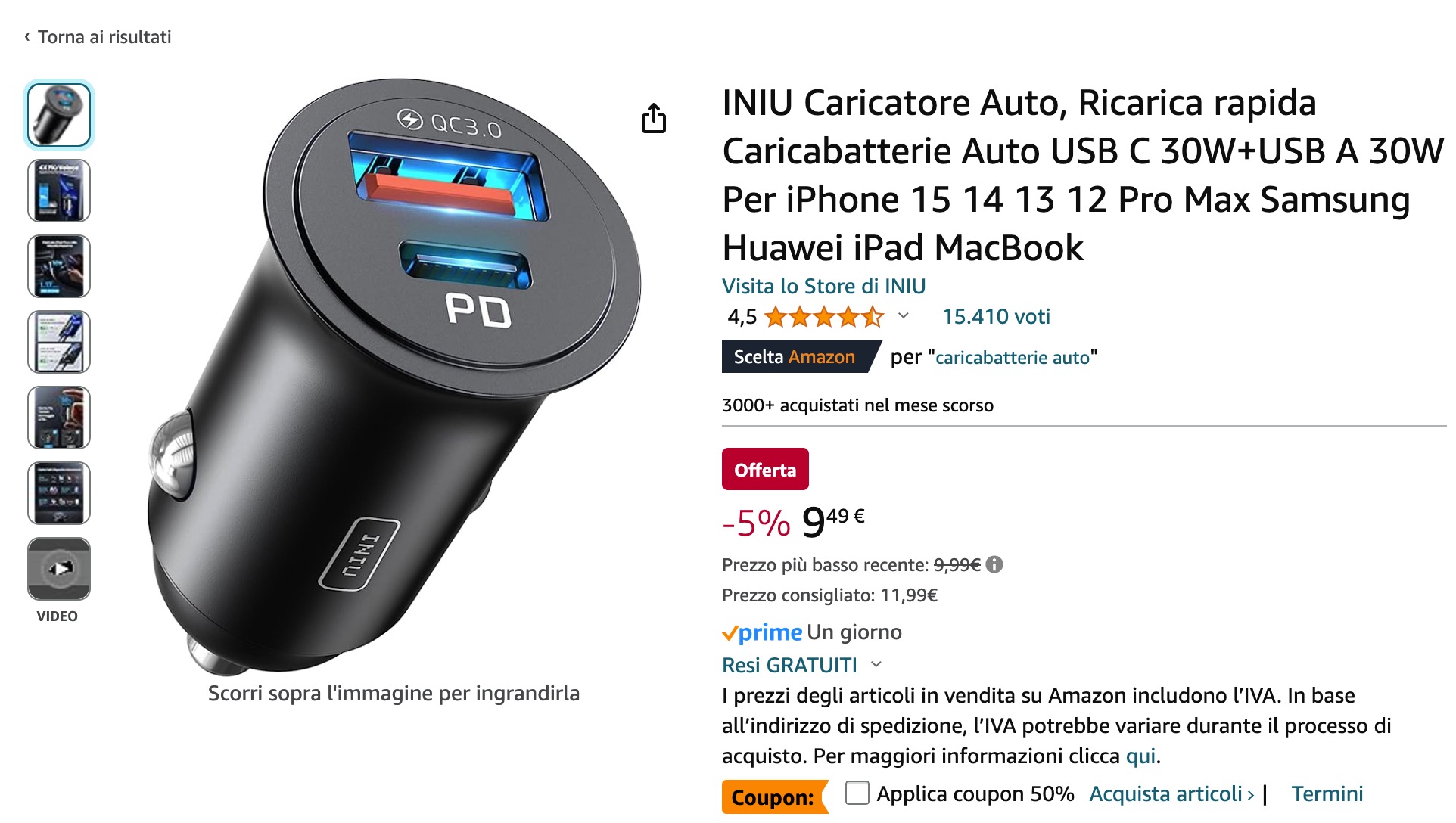 Caricabatterie da auto 66W con USB-C e USB-A a meno di 15€