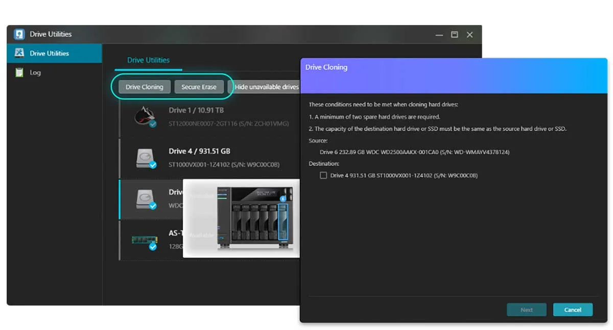 ASUSTOR Drive Utilities, app per la manutenzione degli hard disk, clonazione e cancellazione sicura dei dati nei NAS