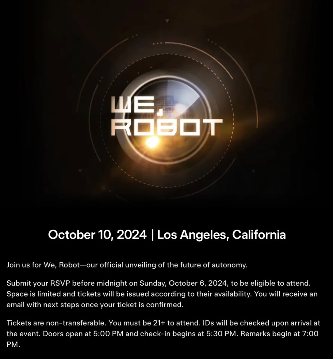 Tesla invita all’evento We, Robot, per Elon Musk sarà un giorno storico