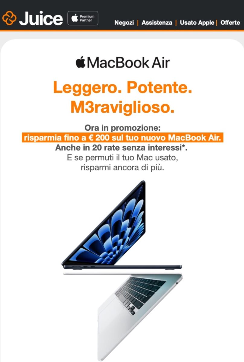 Juice sconta MacBook Air fino a 200 euro, anche a rate