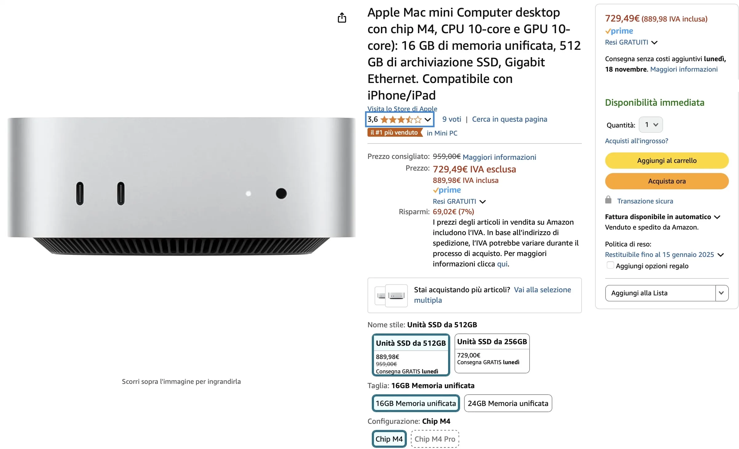 Mac mini M4 già in sconto su Amazon, risparmio da quasi 100€ - macitynet.it