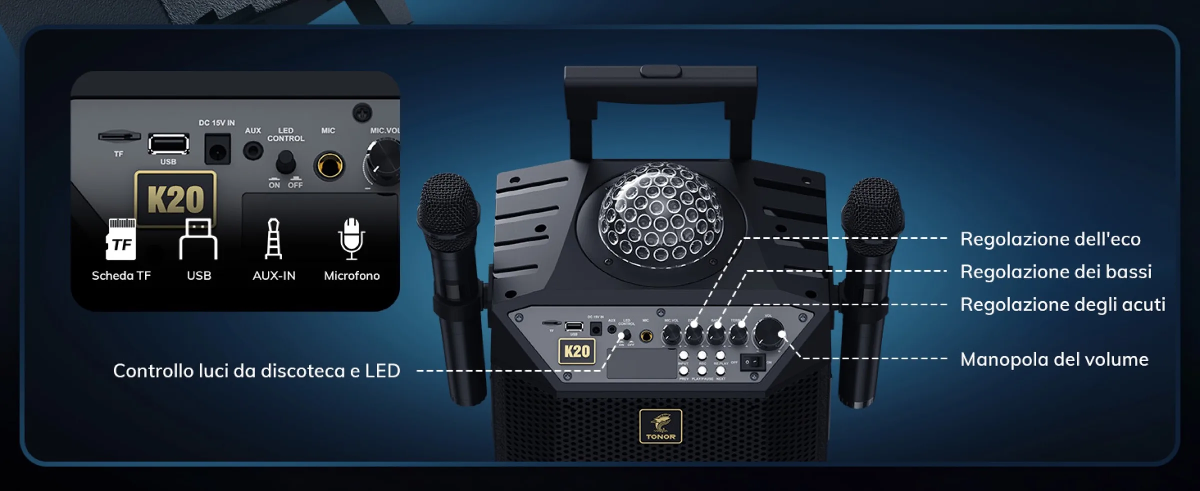 TONOR K20, impianto karaoke portatile con audio HD e Luci LED - macitynet.it