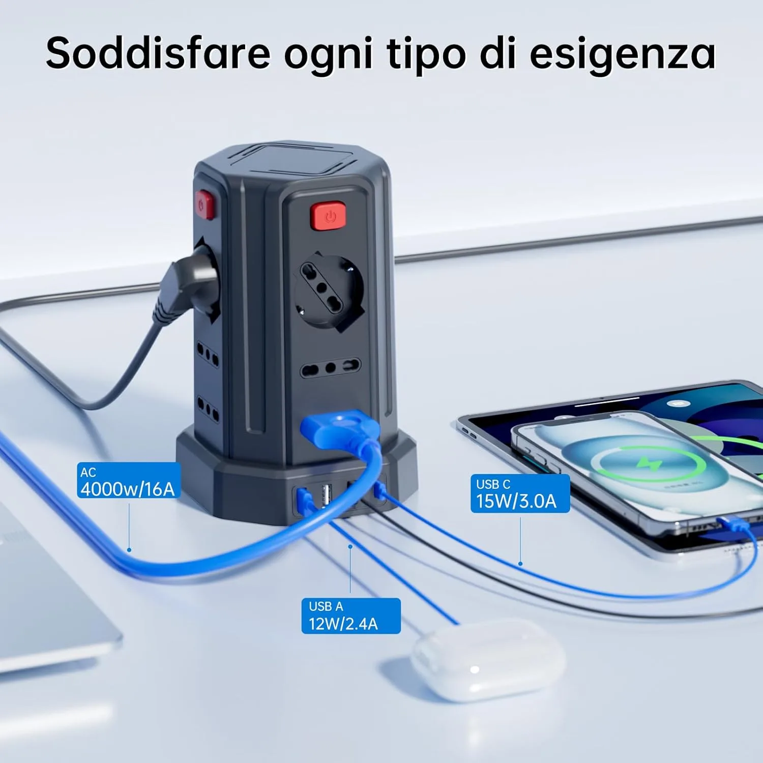 Ciabatta con 12 prese e 4 USB, cavo da tre metri solo 25,89 euro - macitynet.it